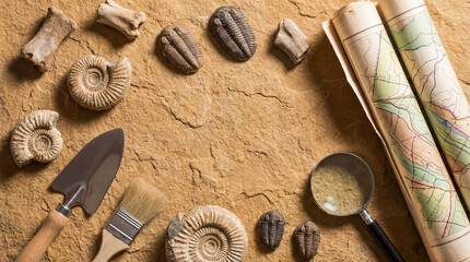 Celebrating World Science Day with fossils, tools, and maps in an educational flatlay setting