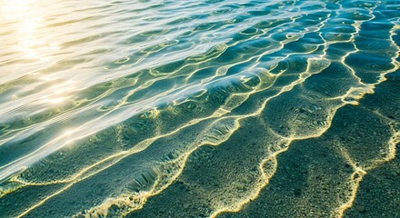 Sunlight reflecting on clear turquoise water surface with pebbles visible beneath blue