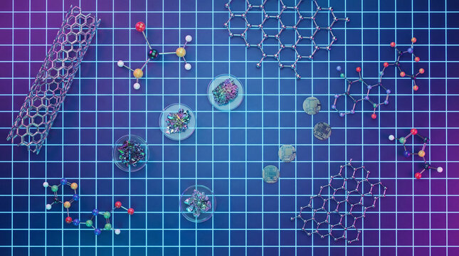 Celebrating World Science Day with a vibrant flatlay of molecular structures on a grid background - Powered by Adobe