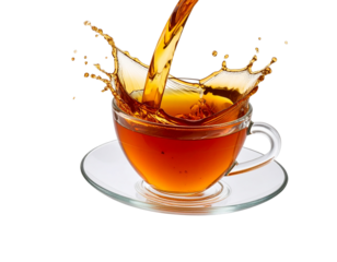 Glass Tea Cup Tipping Over Mid-Fall, Tea Pouring Out Sideways, Transparent Background