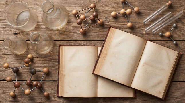Celebrating World Science Day with a flatlay of scientific tools and materials in a rustic setting