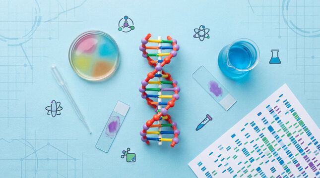 Celebrating World Science Day with a colorful flatlay of DNA models and lab equipment