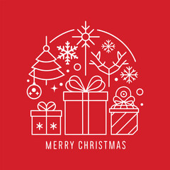 A festive Christmas illustration featuring a collection of holiday icons like gift boxes, a tree, and snowflakes in a modern line art design