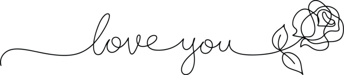 Elegant continuous line drawing spells love you text with a single flowing rose bloom
