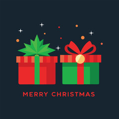 A festive vector illustration of two colorful Christmas gift boxes with ribbons and bows, displaying a classic holiday theme with a Merry Christmas greeting