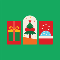 A vibrant set of minimalist Christmas holiday graphic icons, showcasing a festive wrapped gift, a decorated pine tree in a snow globe, and a winter scene