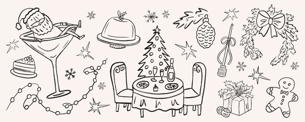 Christmas vintage dinner doodles. Holiday sketch Santa relaxing in martini. Festive table with champagne and tree decorated hanging garland. Crayon vector illustration of candle and gingerbread man.