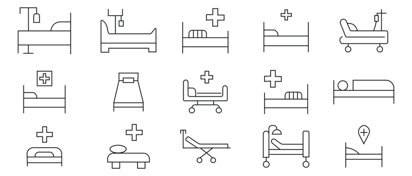  hospital bed icons . Pack of linear symbols of hospital bed. Simple linear illustration for stores, shops, banners, design. Editable stroke.