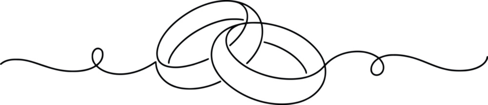 Simple black outline drawing of two interlocking wedding rings connected by a flowing line