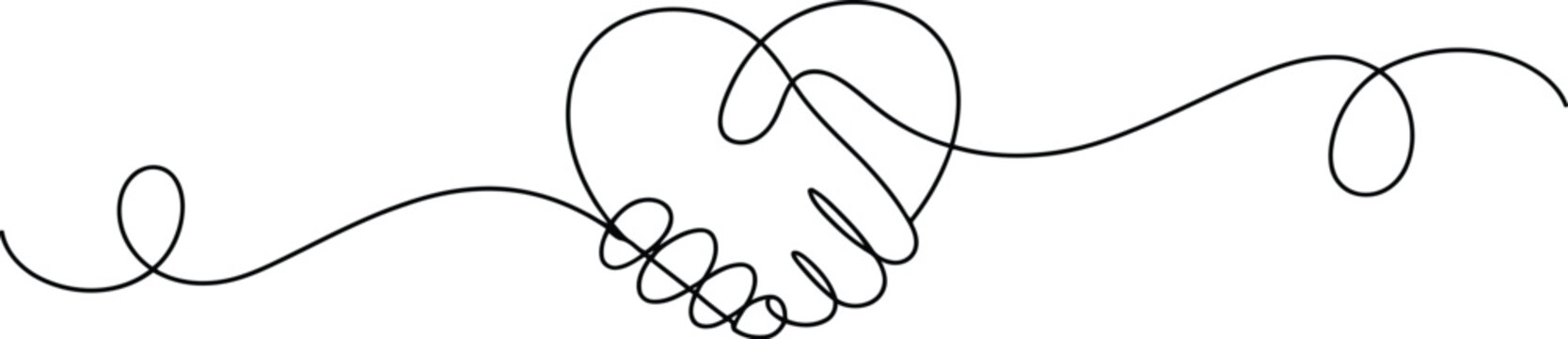 Symbolic continuous line drawing features two hands forming a handshake within a heart shape