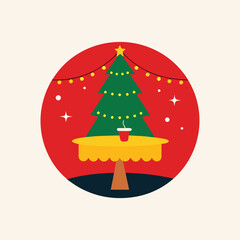 A festive circular illustration depicting a cozy holiday scene with a decorated Christmas tree and a warm drink, ideal for seasonal greeting cards
