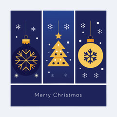 Elegant triptych of Christmas greeting card designs featuring a golden tree and ornaments with snowflakes against a rich blue backdrop
