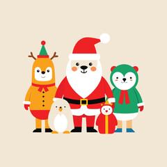 Adorable flat vector illustration of Santa Claus and his friends, a reindeer, penguin, and bear, gathered for a festive Christmas holiday celebration