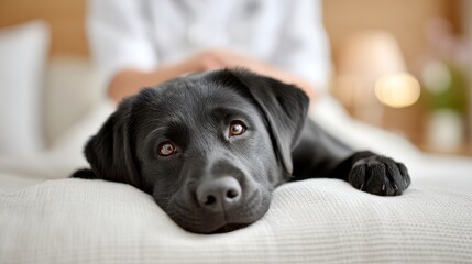Labrador dog receiving acupuncture treatment from a Chinese doctor, showcasing a serene atmosphere and gentle care in a calming environment