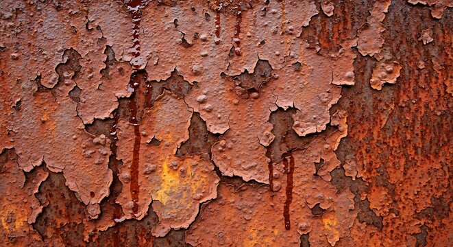 Close up textured surface of peeling rust on weathered metal with dripping liquid image