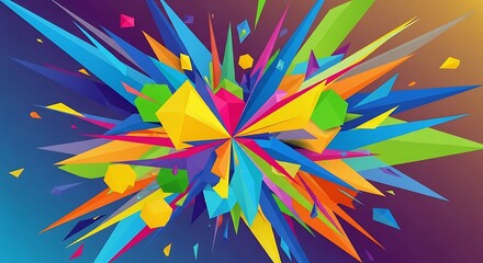 Colorful abstract explosion of geometric shapes and sharp polygons bursting outwards in vibrant hues