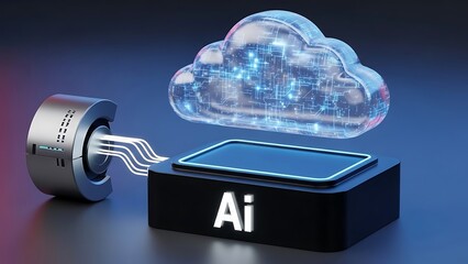 Artificial Intelligence and Cloud Computing Concept Representing Modern Technology and Data Transfer with a Sleek Silver Device Sending Data to a Holographic Cloud above an AI Block