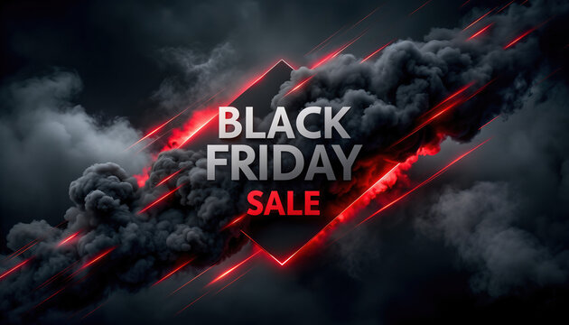 Dramatic dark smoke background with glowing red neon lines for a major shopping event