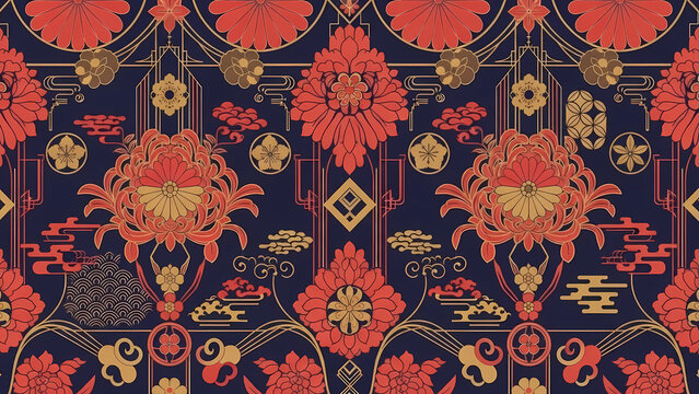 Ornate floral pattern with red and gold flowers on a dark blue background in a symmetrical arrangement