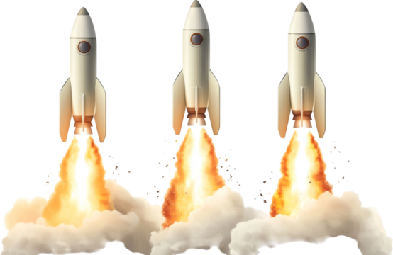 Three rockets launch simultaneously with powerful fiery plumes against a transparent background