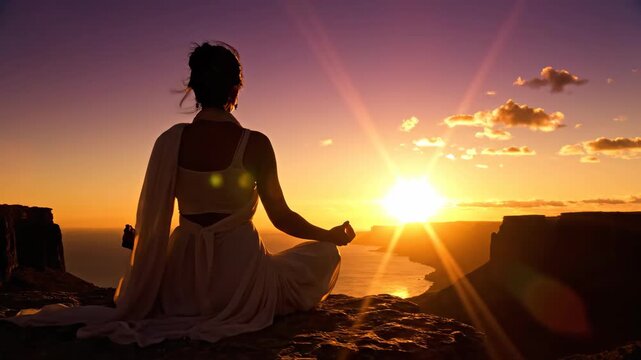 A person meditates on a cliffside, enjoying a beautiful sunset over the sea. The sun radiates light