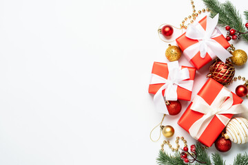 Christmas presents and holiday decorations at white background,