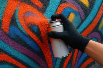 Hand with a spray paint can creating vibrant graffiti on a colorful wall, symbolizing street art, creativity, urban expression, and modern youth culture. Ideal for art, design, and lifestyle themes