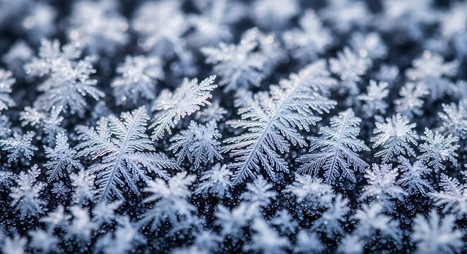 Close up macro view of delicate ice crystals and snowflakes on a dark surface frost winter