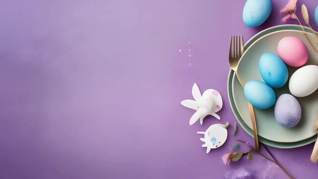 Elegant Easter Table Setting with Colorful Eggs and Flowers.