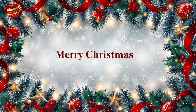 Festive Christmas background with fir branches, red ribbons, and glowing lights