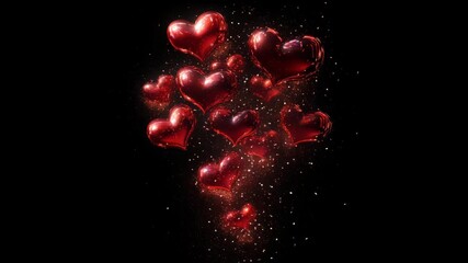Collection of shiny red metallic heart balloons floating upwards against a dark black background with sparkling confetti 4k video - Powered by Adobe