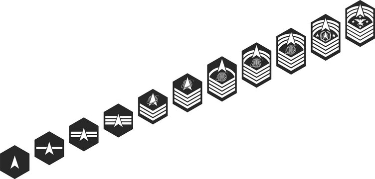 Set of icons of insignia of the space forces of the armed forces of the country, icons of military ranks vector.