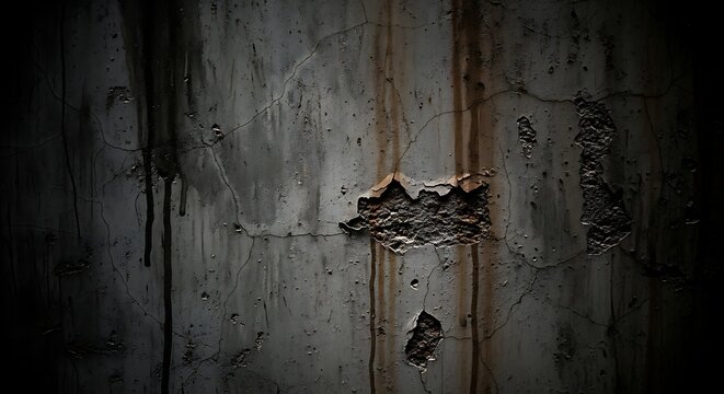 Cracked Grungy Concrete Wall With Dripping Stains And Chipped Texture grunge