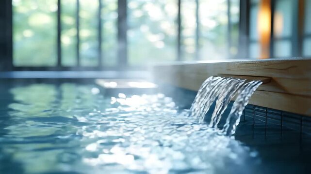 Close up of steaming hot spring water flowing from a wooden edge into a japanese onsen bath with soft natural light filtering through windows 4k video