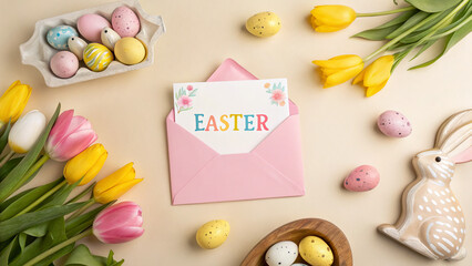 Decorated eggs and flowers create a festive atmosphere for Easter celebrations with a colorful card in an envelope