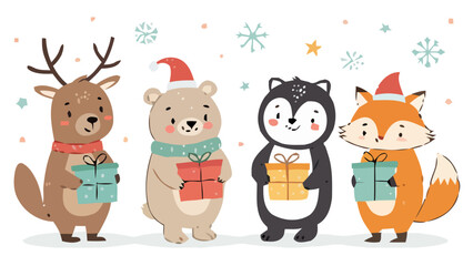 Naklejka premium Cute Animals with Christmas Gifts