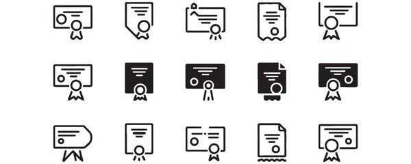 Versatile certificate icon collection for professional design projects offering achievement, award, diploma, and graduation concepts in sleek line art