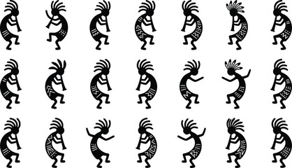Kokopelli Silhouette Collection Featuring Flute Playing Tribal Figures for Southwestern Art, Cultural Graphics, and Decorative Design Projects © Ideasy Mind