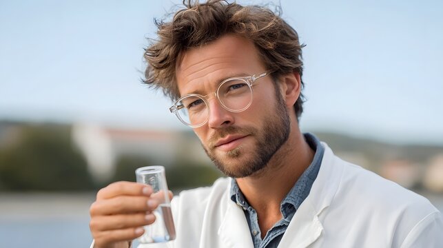 A man in a lab coat and glasses examines a test tube with liquid outdoors under a clear sky