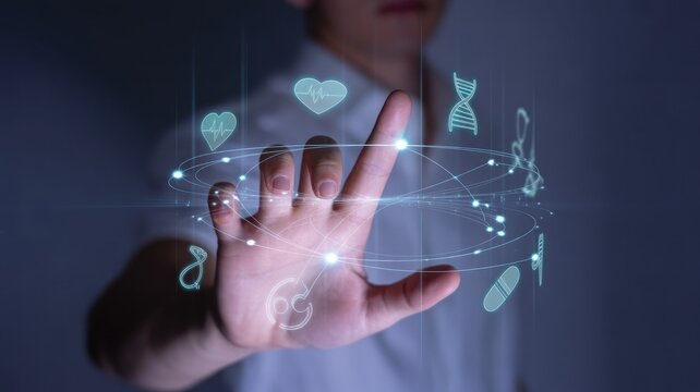 Human Hand Interacting with Futuristic Medical Hologram Display Featuring Health Icons, Digital Diagnostics, and Advanced Healthcare Technology