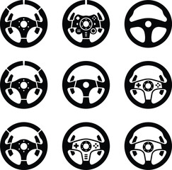 Set of Steering Wheel Icons Featuring Automotive and Gaming Designs for Driving Interface, Simulation Controls, and Car Dashboard Graphics