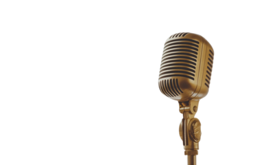 Vintage gold microphone on a transparent background with dramatic lighting