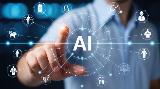 Business Professional Interacting with Futuristic Artificial Intelligence Interface Featuring Digital Network Icons and Advanced Technology Elements