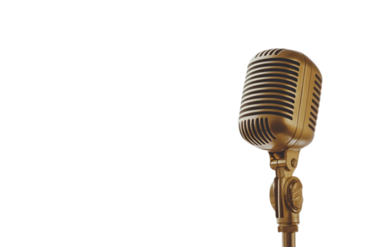 Vintage gold microphone on a transparent background with dramatic lighting