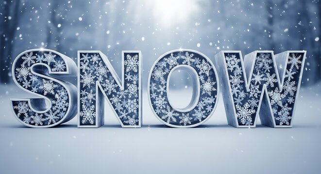 Snow lettering with snowflake patterns for winter holiday season greeting card or festive banner design in a cool blue color scheme with falling snow effect