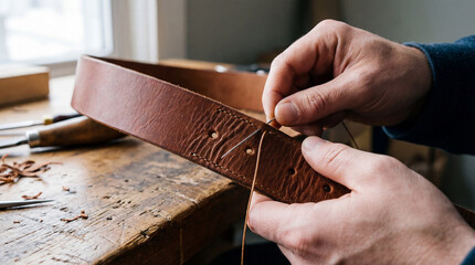Crafting a leather belt by hand in a workshop during the afternoon