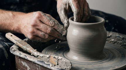 Hands create a pottery piece on a wheel in a crafting studio