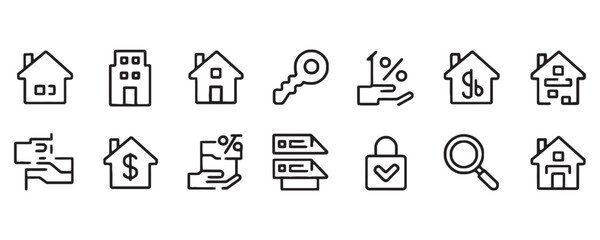 Modern minimalist home buying icons for real estate marketing materials, perfect for mortgage lenders, agents, and property listings in a competitive market