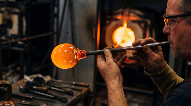 Craftsman shapes molten glass into a beautiful orb at a glassblowing workshop in bright, warm light