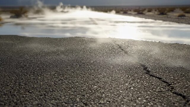 Cracked Asphalt Road Leading to Distant Steam Vents Under Bright Sunlight With Sparse Desert Vegetation in the Background Horizontal Landscape Orientation